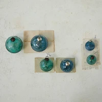 Hello Honey® 12 Pack 3" Blue & Green Etched Leaves Ball Glass Ornaments