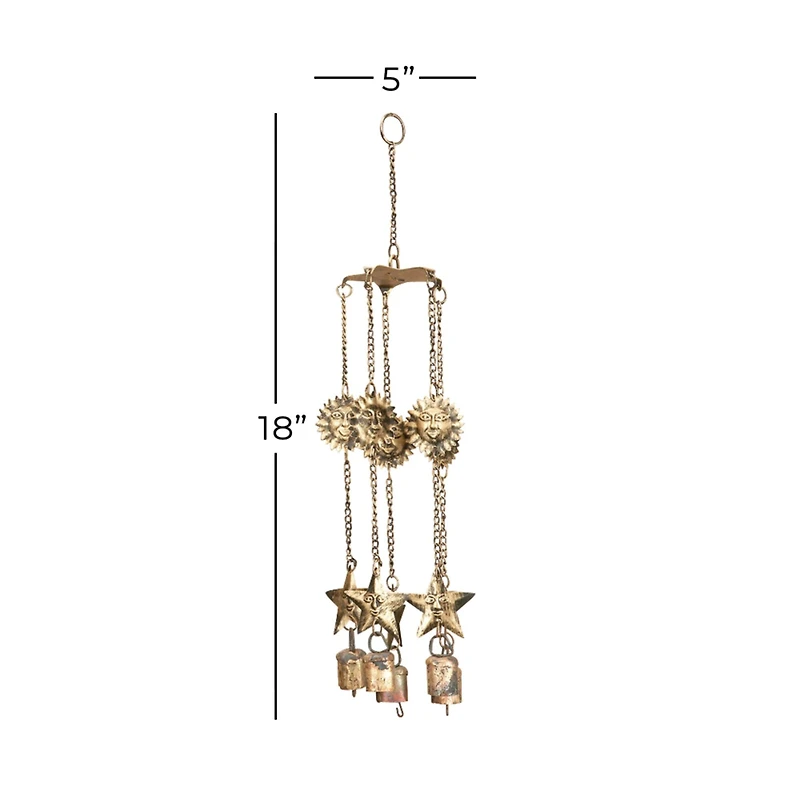 18" Brass Metal Eclectic Sun & Stars Wind Chime