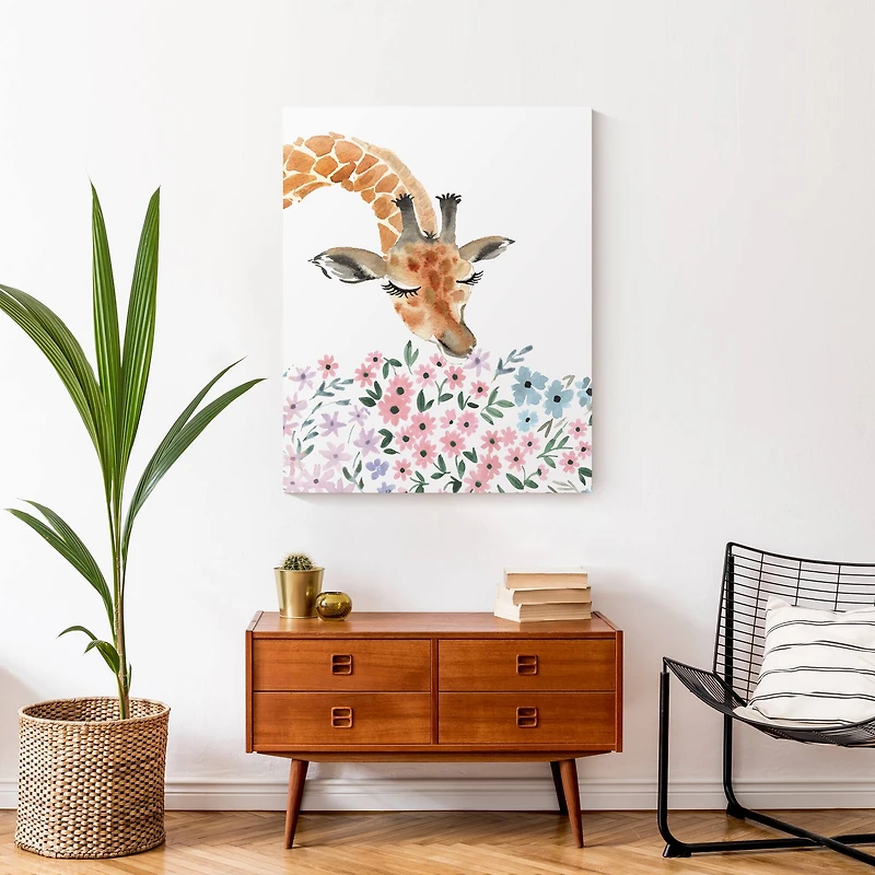 Giraffe Smelling Flowers 24" x 30" Canvas Wall Art