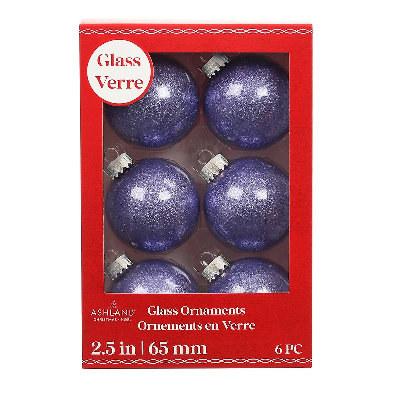 6 Pack 2.5" Glitter Glass Ball Ornaments by Ashland