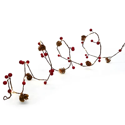 18ct. Warm White LED Red Berry & Pinecone Garland String Lights on Brown Wire by Ashland®