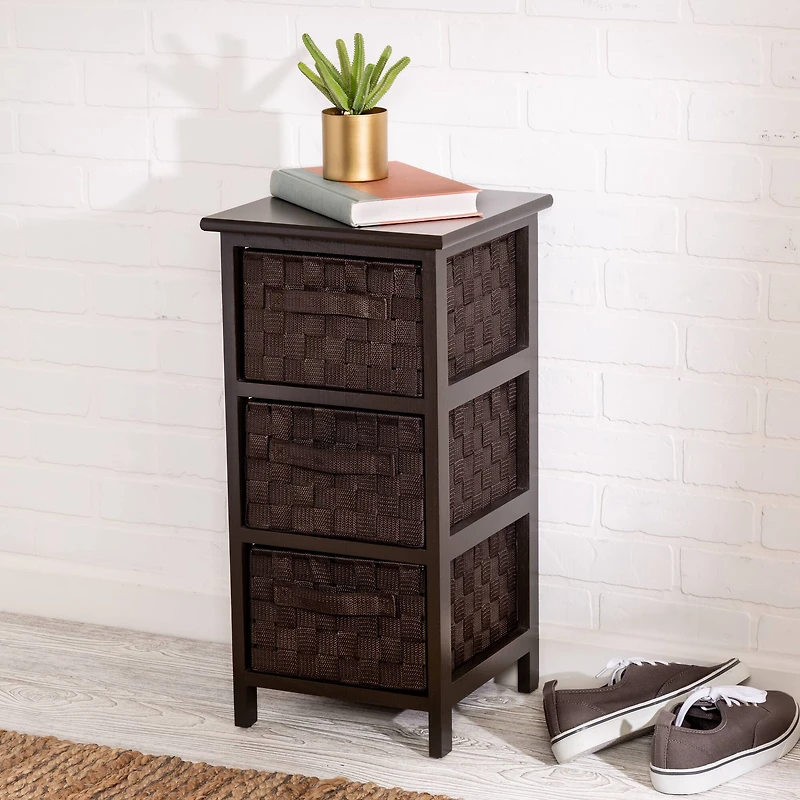 Honey Can Do 25" Small Espresso Storage Cabinet with Wood Frame & Woven Fabric Drawers
