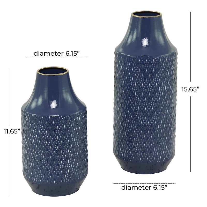 Blue Metal Diamond Embossed Exterior Vase Set of 2 16", 12"