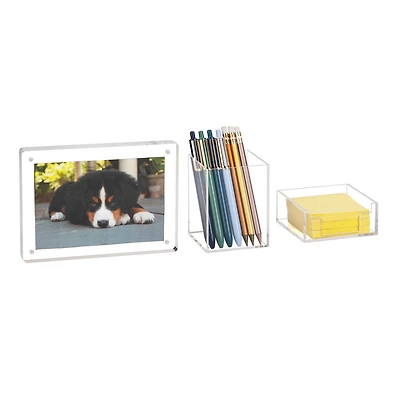 Mind Reader 3-Piece Desk Organizer Set, Pen Holder, Photo Frame and Sticky Note Tray, Acrylic, Clear