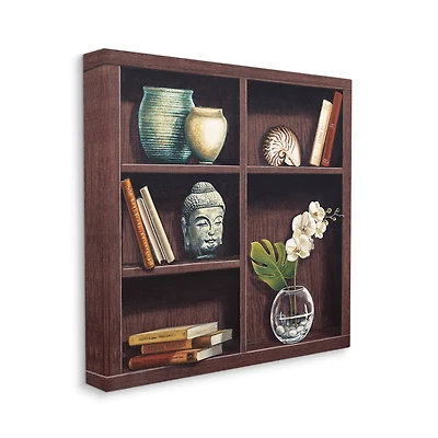 Stupell Industries Eastern Culture Inspired Bookshelf with Floral Vase Still-Life Canvas Wall Art