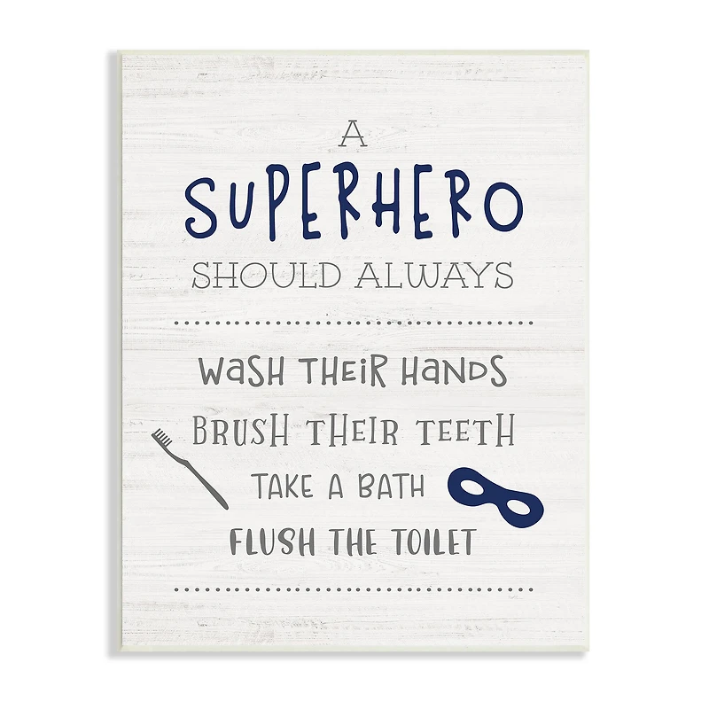 Stupell Industries Superhero Bathroom Rules Good Hygiene Phrases Blue Mask Wall Plaque