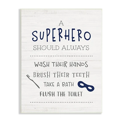 Stupell Industries Superhero Bathroom Rules Good Hygiene Phrases Blue Mask Wall Plaque
