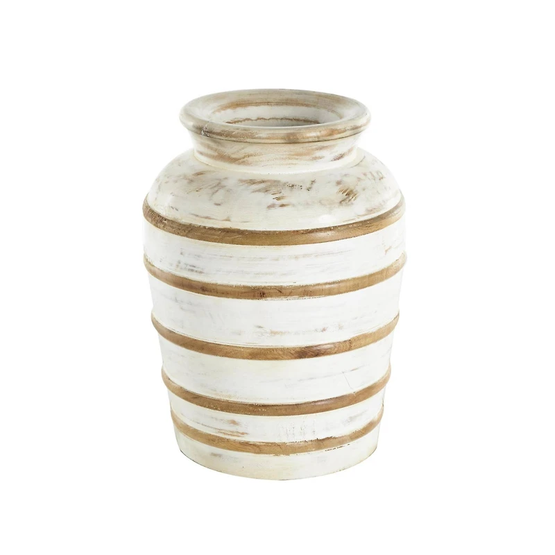 11" Brown Horizontal Ridge Mango Wood Distressed Vase