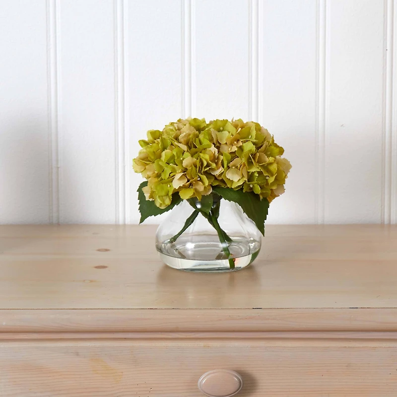 8.5" Yellow Blooming Hydrangea In Glass Vase