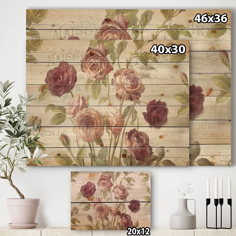 Designart - French Roses I - Farmhouse Print on Natural Pine Wood