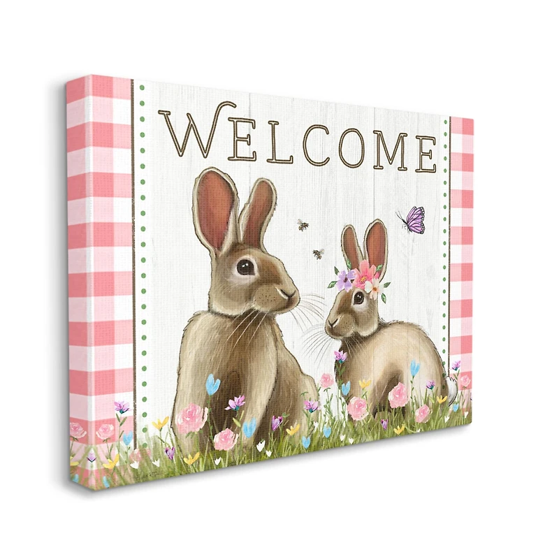 Stupell Industries Welcome Plaid Spring Garden Rabbits Canvas Wall Art