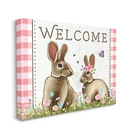 Stupell Industries Welcome Plaid Spring Garden Rabbits Canvas Wall Art