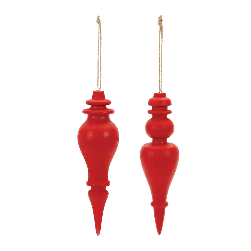 6" Red Wood Finial Drop Ornament Set