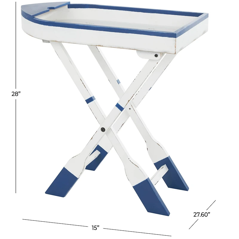 28" White & Blue Foldable Tray Top Accent Table