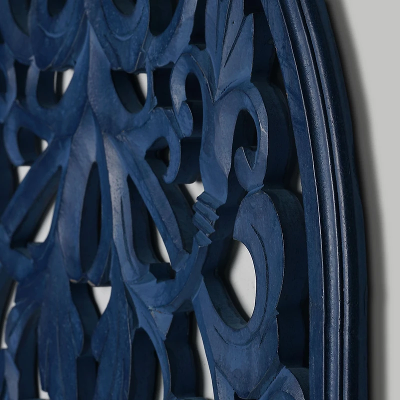 American Art Décor™ 36" Hand-Carved Arched Navy Blue Wood Wall Accent Medallion