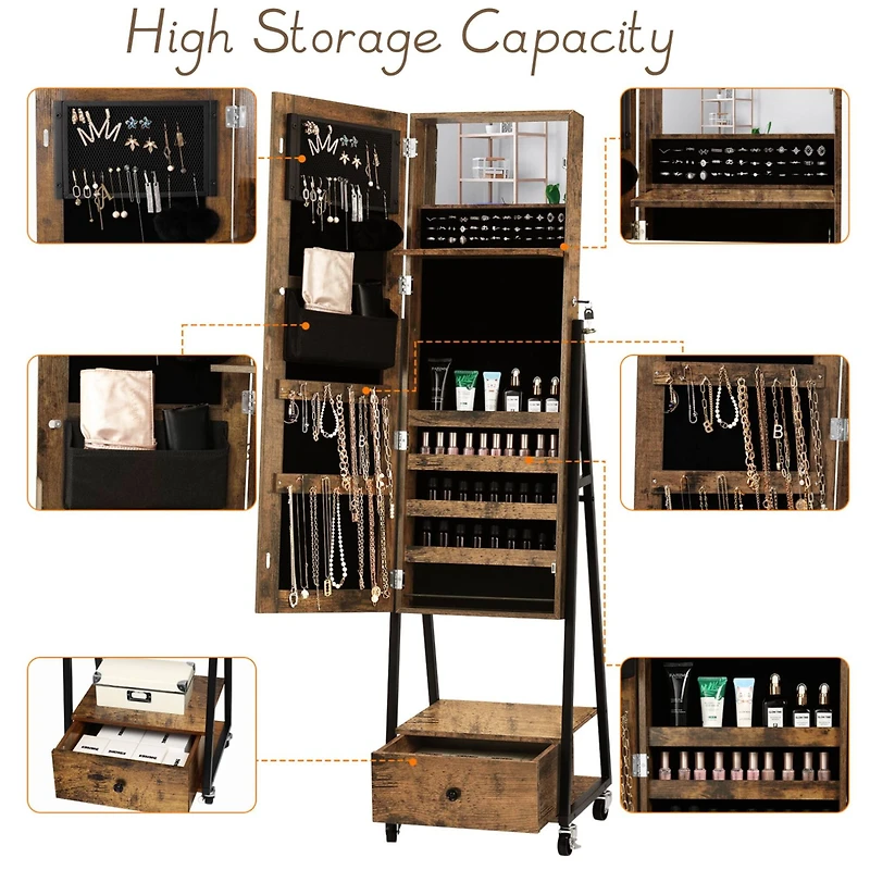 NEX™ 5ft. Burnt Wood Brown Jewelry Armoire on Casters with Chest Drawer