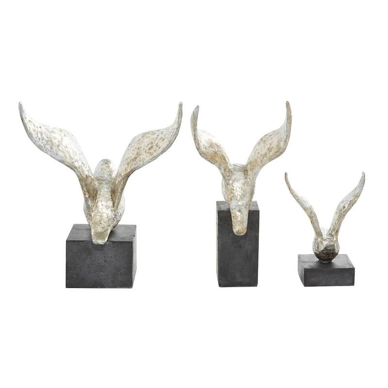 Set of 3 Silver Polystone Contemporary Sculpture, 14", 9", 14"