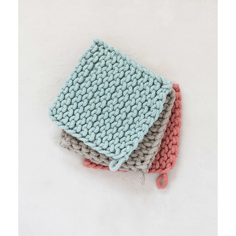 Hello Honey® 8" Blue, Red & Brown Square Crocheted Cotton Pot Holder Set