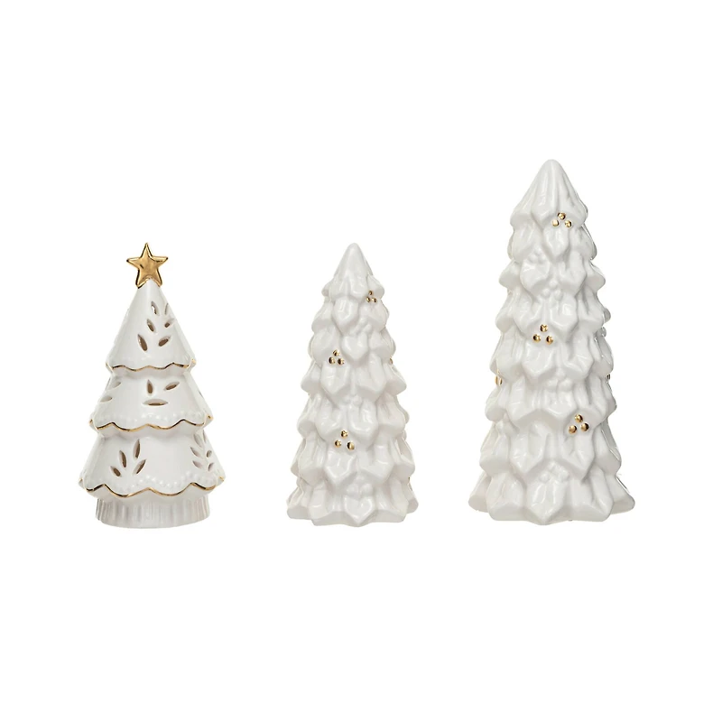 Hello Honey® Cream LED Stoneware Christmas Trees with Gold Electroplating Set