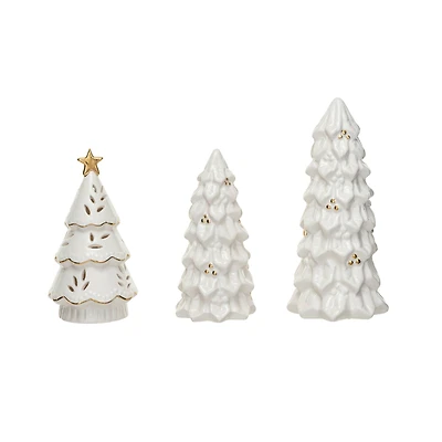Hello Honey® Cream LED Stoneware Christmas Trees with Gold Electroplating Set