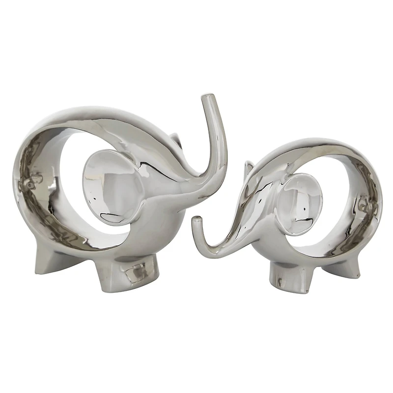 7" Silver Porcelain Elephant Sculpture Set