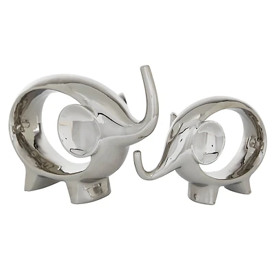 7" Silver Porcelain Elephant Sculpture Set