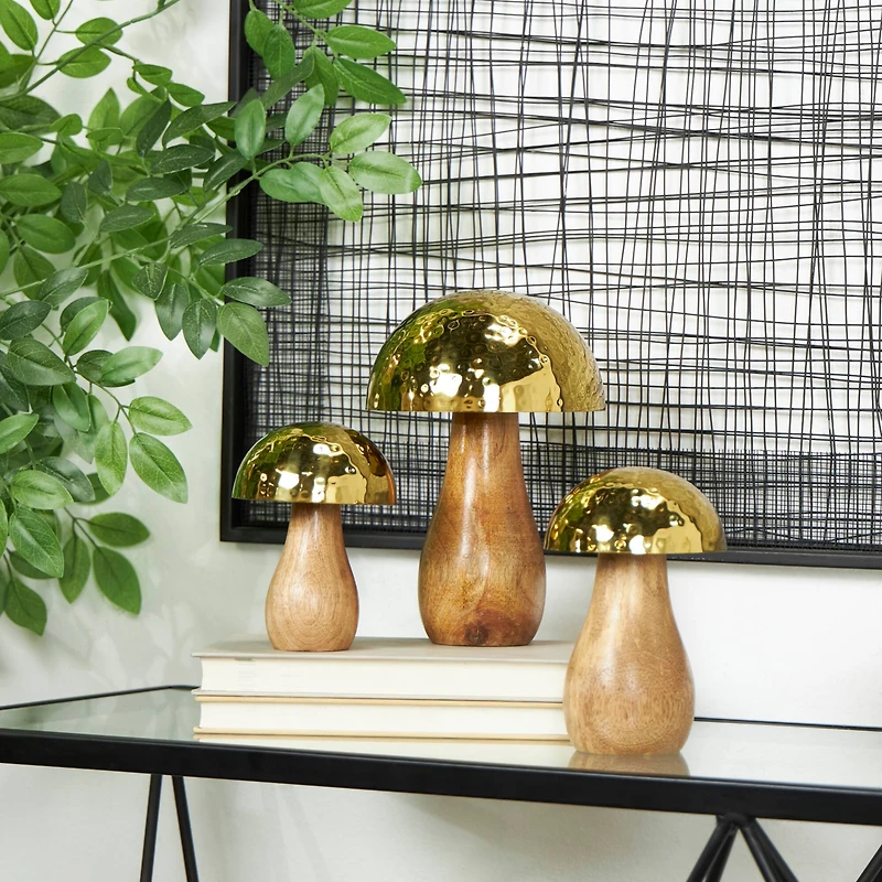 Gold Stainless Steel & Wood Mushroom Hammered Sculpture Set