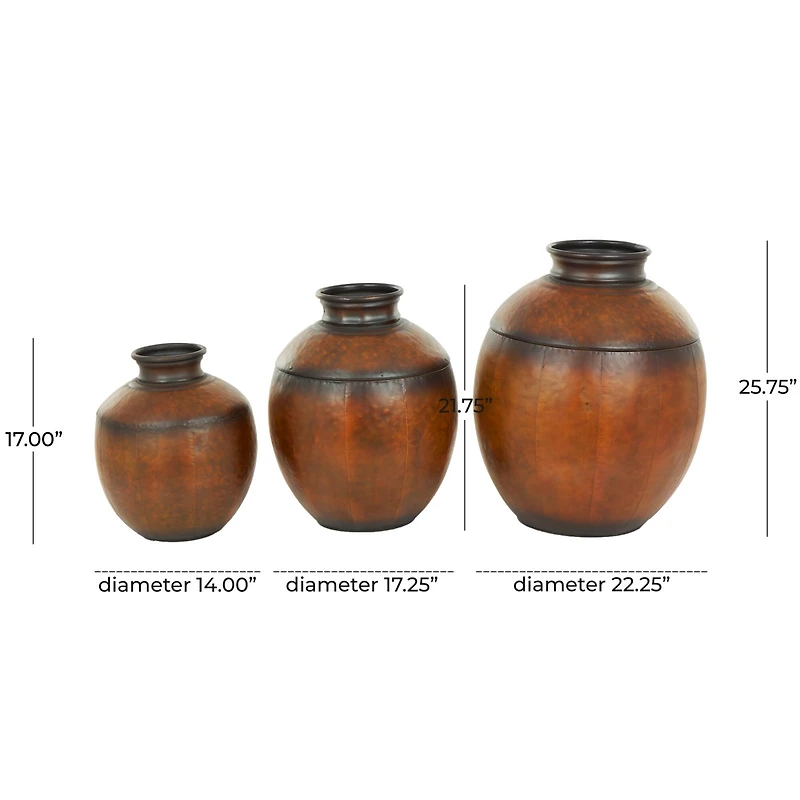 Brown Metal Antique Style Round Pot Floor Vase Set