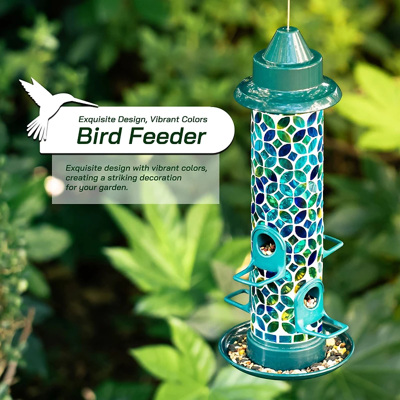 Glitzhome® 20" Tall Blue & Green Mosaic Glass Hanging Bird Feeder