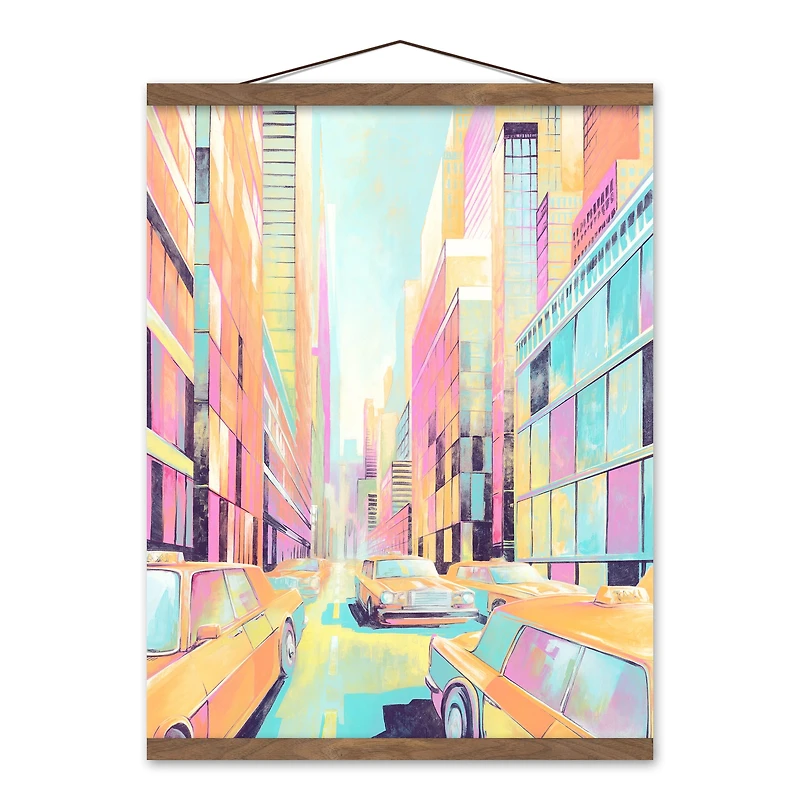 Retro Neon City Painting Teak Hanging Canvas