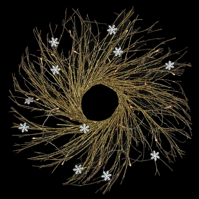36" Pre-Lit Gold Glittered Twig Wreath with Warm White Lights