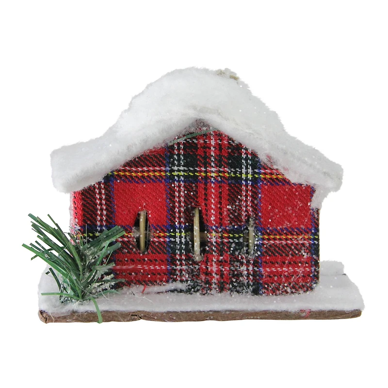 4.5" Frosted & Glittered Red & White Plaid Snow Covered Cabin Christmas Ornament