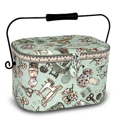 Dritz® Green Sewing Print Small Oval Sewing Basket With Metal Handle