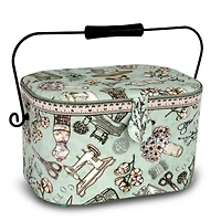 Dritz® Green Sewing Print Small Oval Sewing Basket With Metal Handle