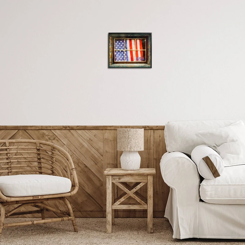Stupell Industries Patriotic American Flag Rustic Window Festive Home Framed Giclee Art