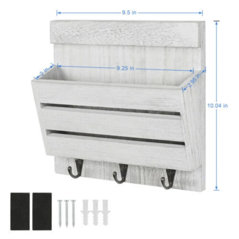 NEX™ 10" Rustic White Gray Wood Wall-Mounted Mail & Key Holder Organizer with 3 Key Hooks