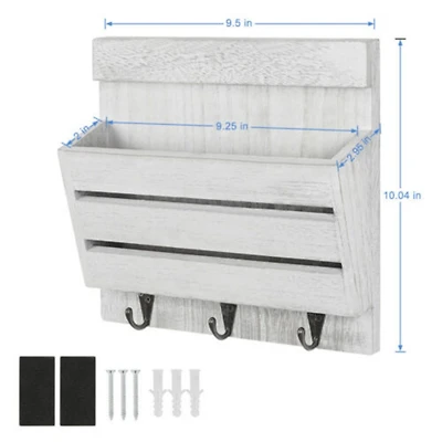 NEX™ 10" Rustic White Gray Wood Wall-Mounted Mail & Key Holder Organizer with 3 Key Hooks