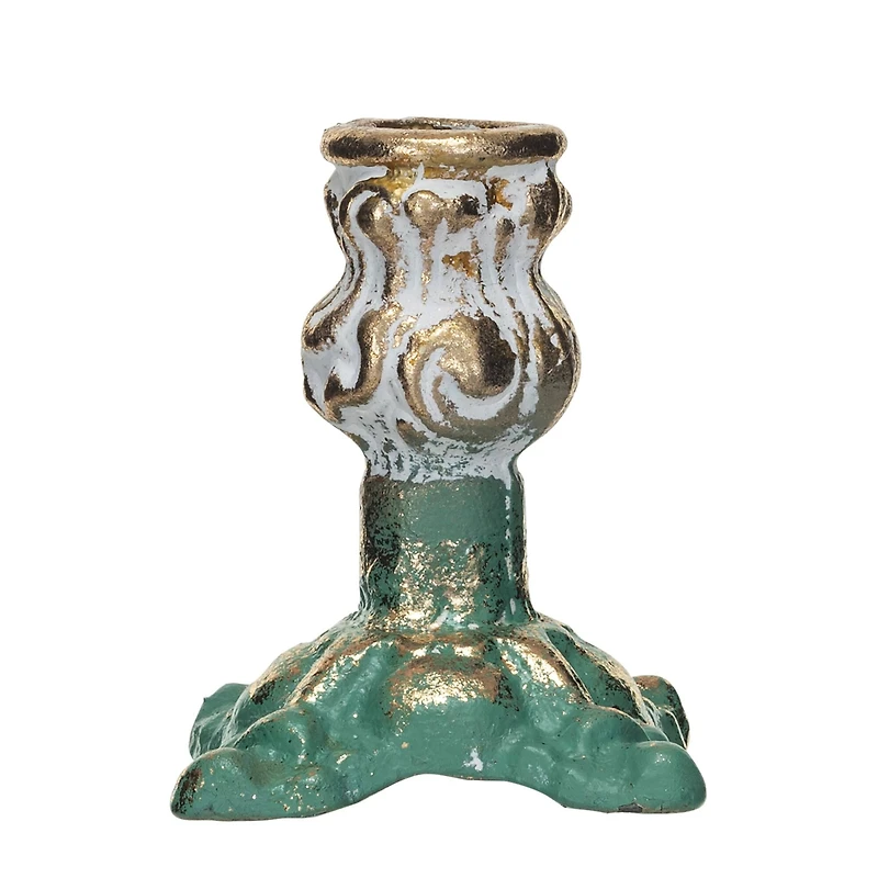 Hello Honey® 4" Green, Gold & Cream Distressed Cast Metal Taper Candleholder