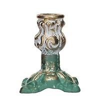 Hello Honey® 4" Green, Gold & Cream Distressed Cast Metal Taper Candleholder