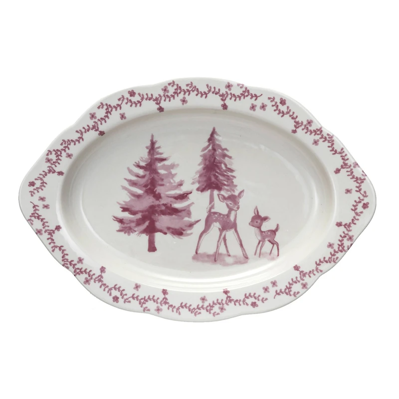 Hello Honey® 12" Pink & Cream Deer & Trees Stoneware Platter