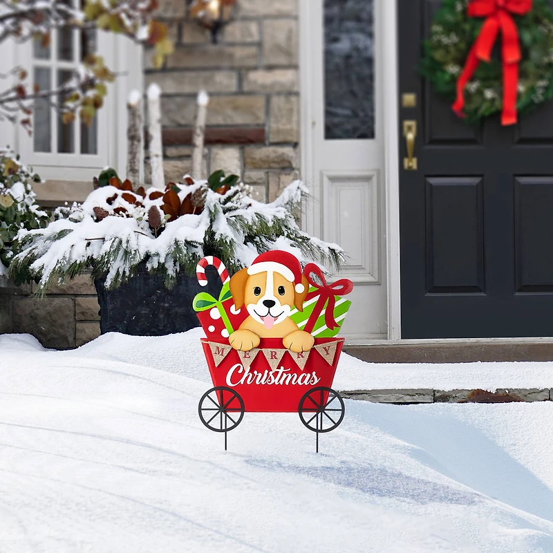 Glitzhome® 24" Metal Christmas Dog and Gift Cart Yard Stake