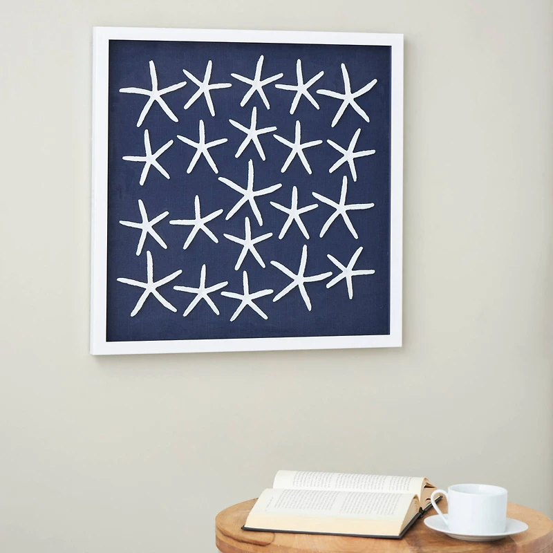 22" x 22" Dark Blue Resin Starfish Cluster Shadow Box with Linen Backing