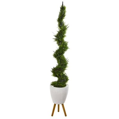 6.2ft. Cypress Artificial Spiral Tree in White Planter with Stand