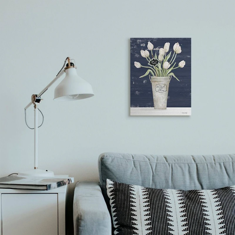 Stupell Industries Charming White Tulip Bouquet over Rustic Blue Canvas Wall Art