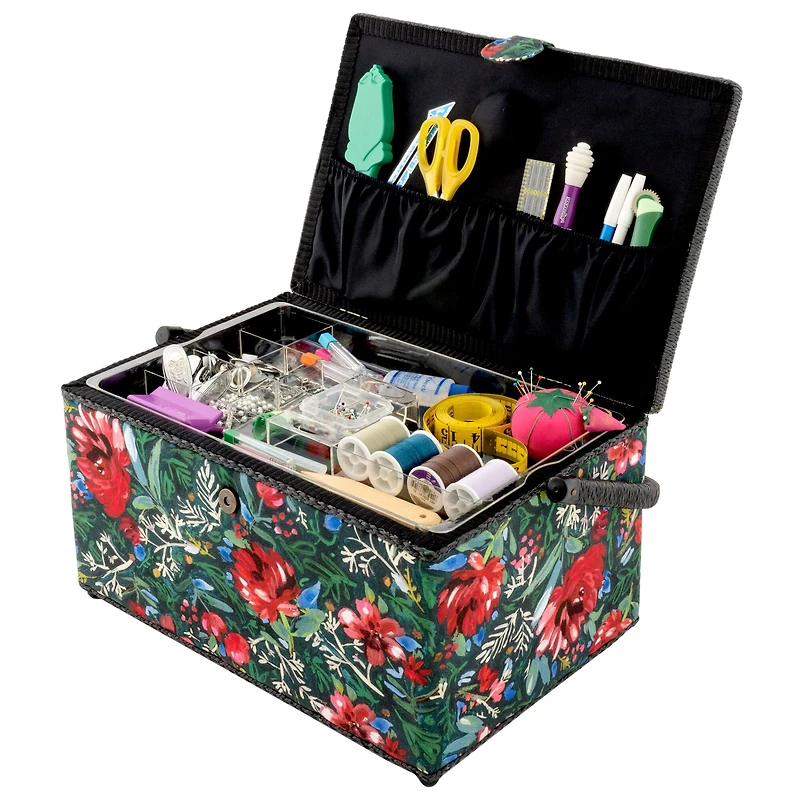 Dritz® Green & Red Floral Extra Large Sewing Basket with Removable Tray