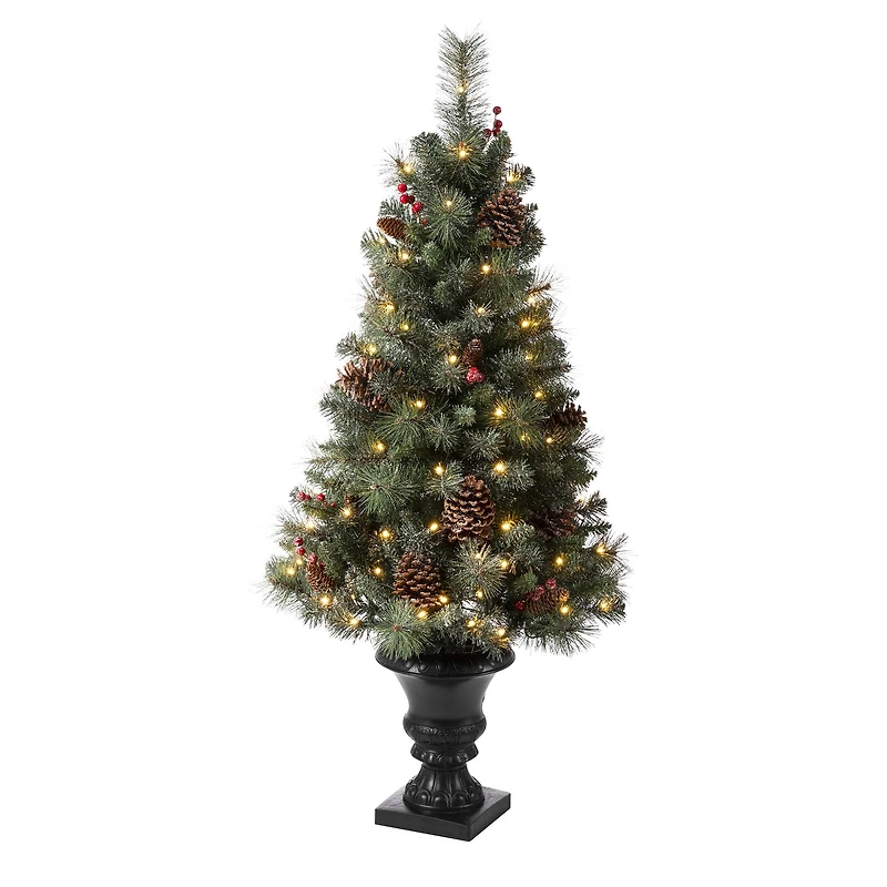 4ft. Pre-Lit Flocked Pinecones & Berries Christmas Tree with Warm White Lights