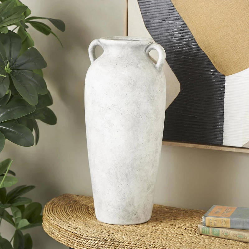 20" White Antique Style Textured Ceramic Vase with Handles