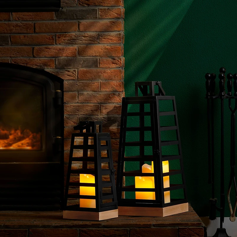 Glitzhome® Modern Trapezoid Metal & Wood Lanterns Set