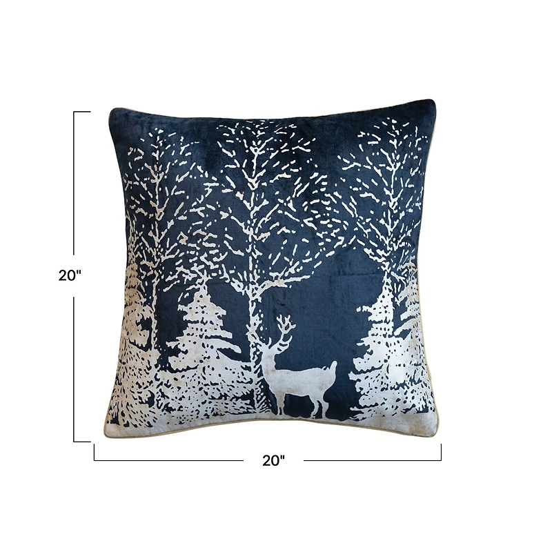Hello Honey® 20" x 20" Navy & White Square Cotton Velvet Printed Foil Pillow with Winter Scene & Piping