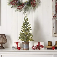 2ft. Pre-Lit Pine Artificial Christmas Tree in Rustic Metal Planter, Warm White Lights